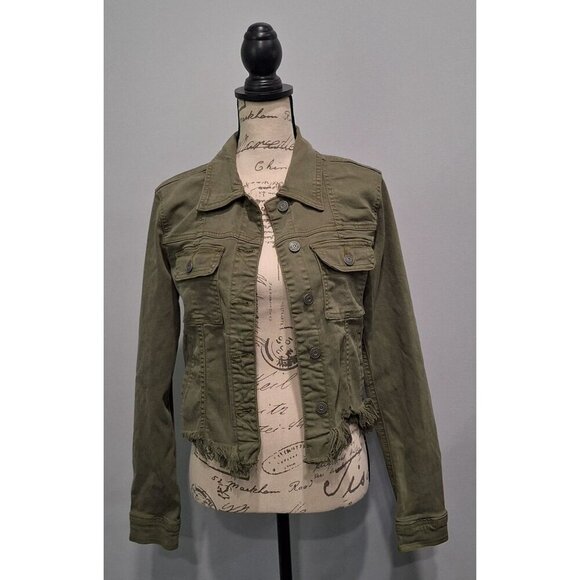 EUC Hidden Los Angeles Olive Green Distressed Cropped Denim Jacket With Raw Hem/ - Picture 3 of 9